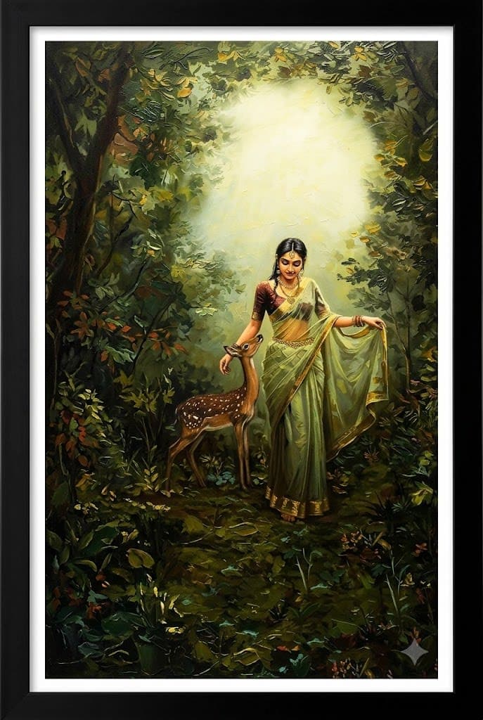 Elegant Woman with Deer Forest Wall Frame, HQ-PS frame